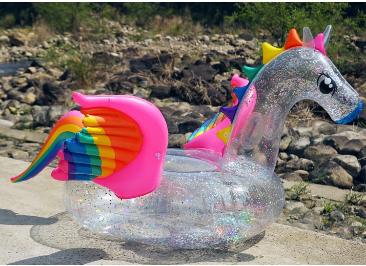 180cm Luxury Inflatable Glitter Unicorn Pool Float Transparent Rainbow Pegasus Swim Ring Kids Adults Water Play Toy - 6