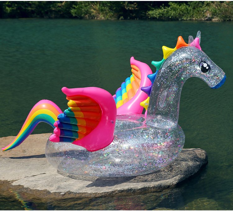 180cm Luxury Inflatable Glitter Unicorn Pool Float Transparent Rainbow Pegasus Swim Ring Kids Adults Water Play Toy - 8