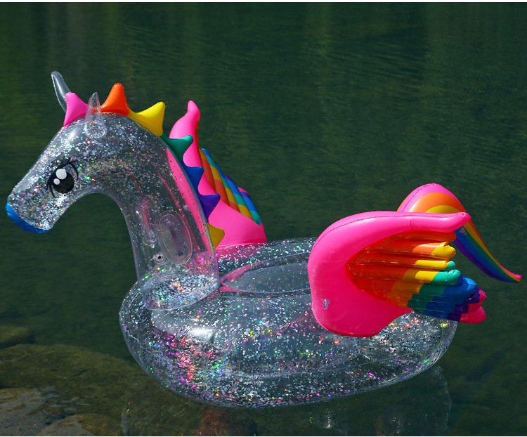 180cm Luxury Inflatable Glitter Unicorn Pool Float Transparent Rainbow Pegasus Swim Ring Kids Adults Water Play Toy - 9