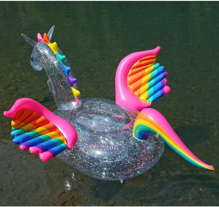180cm Luxury Inflatable Glitter Unicorn Pool Float Transparent Rainbow Pegasus Swim Ring Kids Adults Water Play Toy - 10