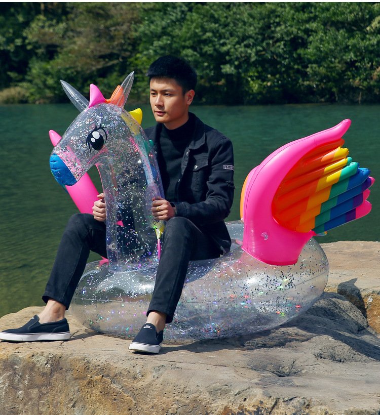 180cm Luxury Inflatable Glitter Unicorn Pool Float Transparent Rainbow Pegasus Swim Ring Kids Adults Water Play Toy - 11