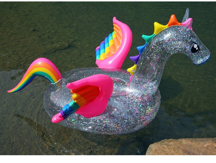 180cm Luxury Inflatable Glitter Unicorn Pool Float Transparent Rainbow Pegasus Swim Ring Kids Adults Water Play Toy - 1