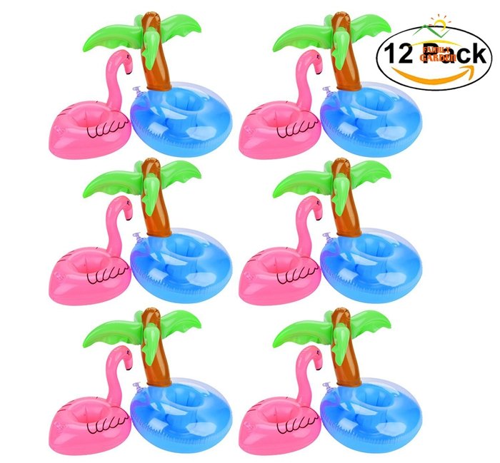 12piece Set Inflatable Flamingo Palm Tree Drink Holders Floating Pool Coasters With Cup Holders - 1