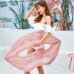 Inflatable Sequins Lips Swimming Ring Adult Women Rose Gold Mouth Pool Float Red Circle Child Lifebuoy - 3