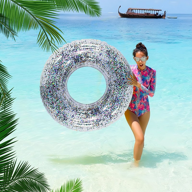 Gold Sequin Inflatable Glitter Swim Ring Holographic Beach Party Water Toy Trending Swimming Raft - 1 Gold Sequin Inflatable Glitter Swim Ring Holographic Beach Party Water Toy Trending Swimming Raft - 1