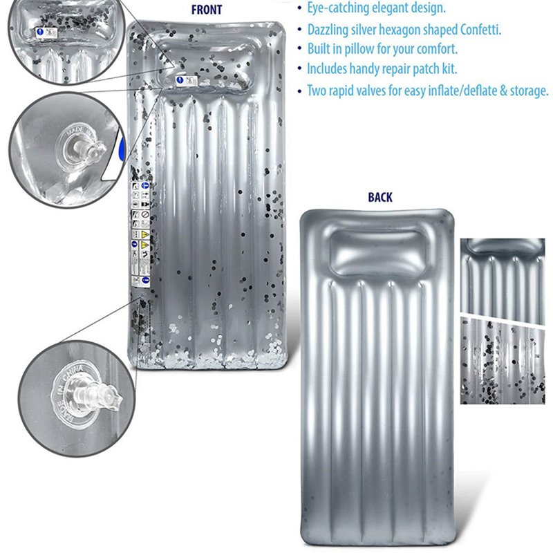 Luxurious Silver Glitter Inflatable Pool Float With Confetti Design Beach Sea Party Swimming Ring Mattress Lounger For Women - 4 Luxurious Silver Glitter Inflatable Pool Float With Confetti Design Beach Sea Party Swimming Ring Mattress Lounger For Women - 4