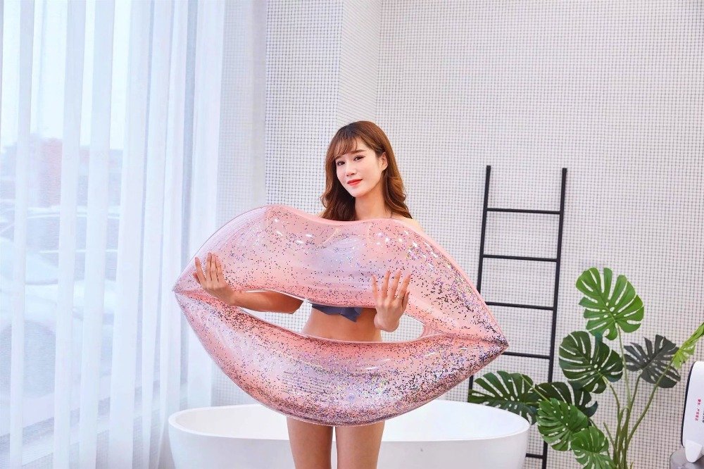 Rose Gold Sequin Lips Inflatable Adult Pool Float Red Lifebuoy Swimming Ring For Women And Children - 2