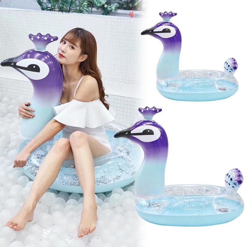 Deluxe Peacock Sequin Inflatable Swimming Ring Water Float Pool Toy Summer Fun Relaxation Accessory - 1