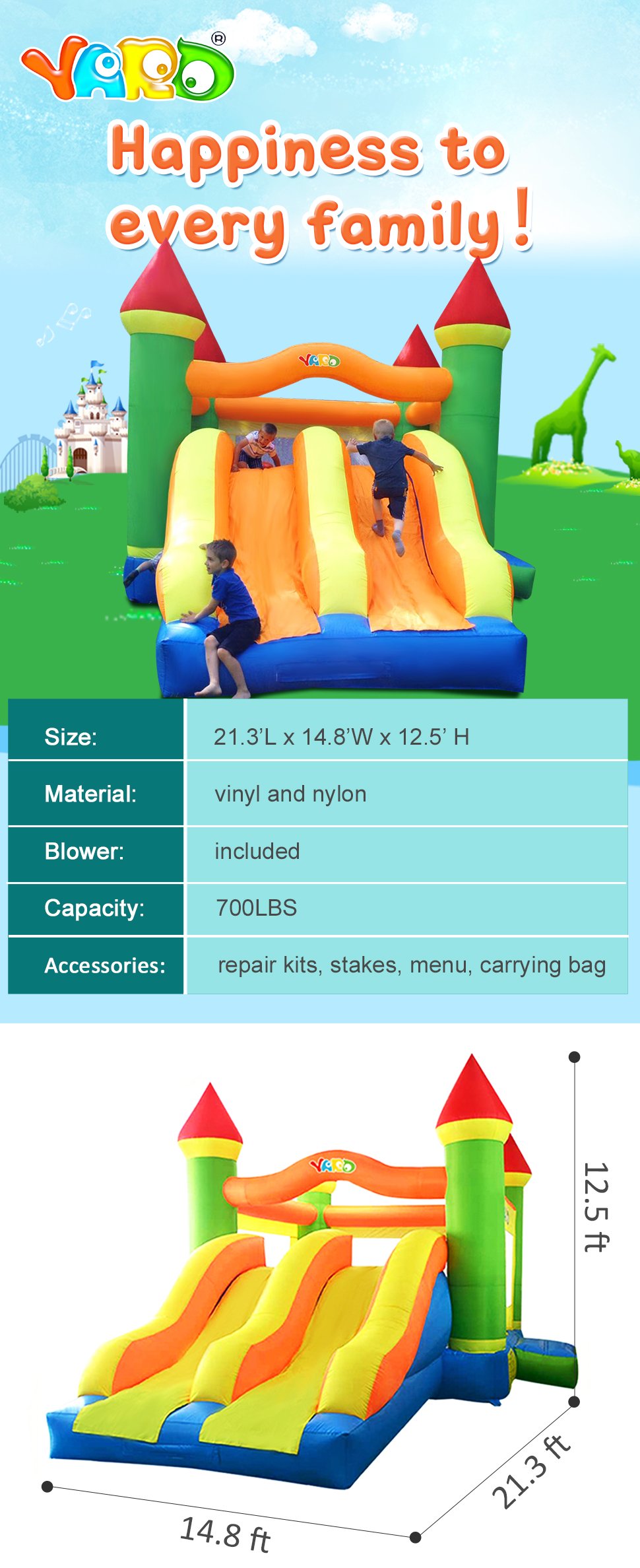 Kids Deluxe Inflatable Bounce House 65x28x24m Jumping Castle Fun Obstacle Course With Blowers - 1