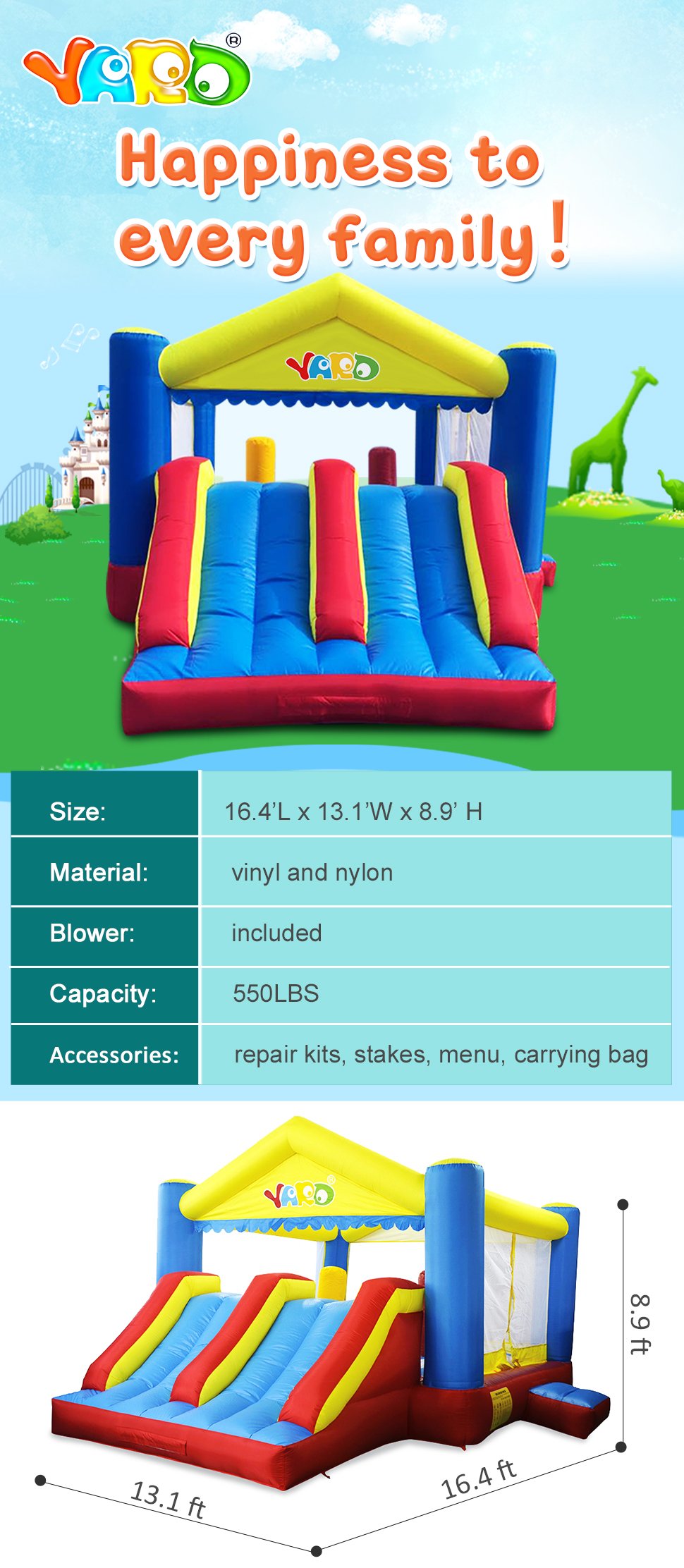Large Outdoor Inflatable Bounce House Dualsided Kids Play Jumping Castle 5x4x27m Fun Party Toy - 1