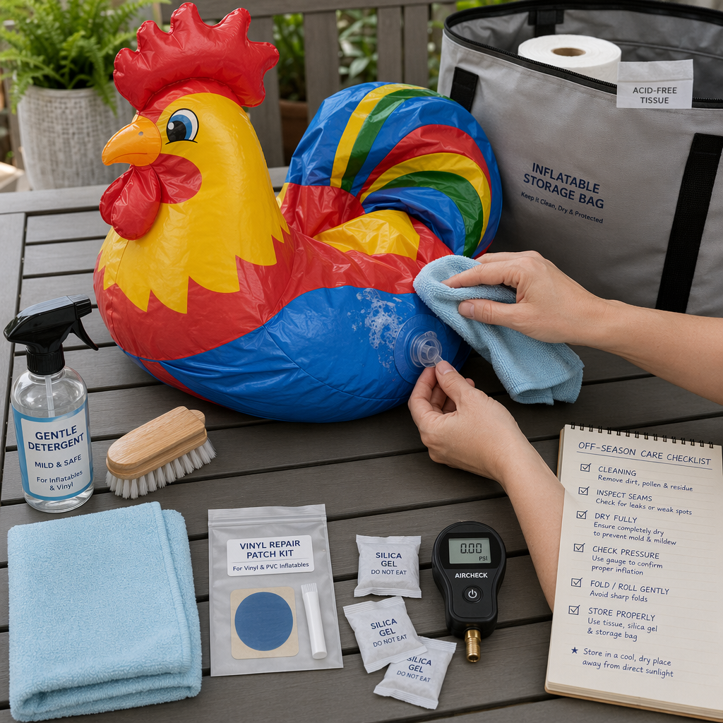 Cleaning, Maintenance, and Compact Storage: simple care tips to keep the vibrant party prop inflatable rooster in great condition season after season Cleaning, Maintenance, and Compact Storage: simple care tips to keep the vibrant party prop inflatable rooster in great condition season after season