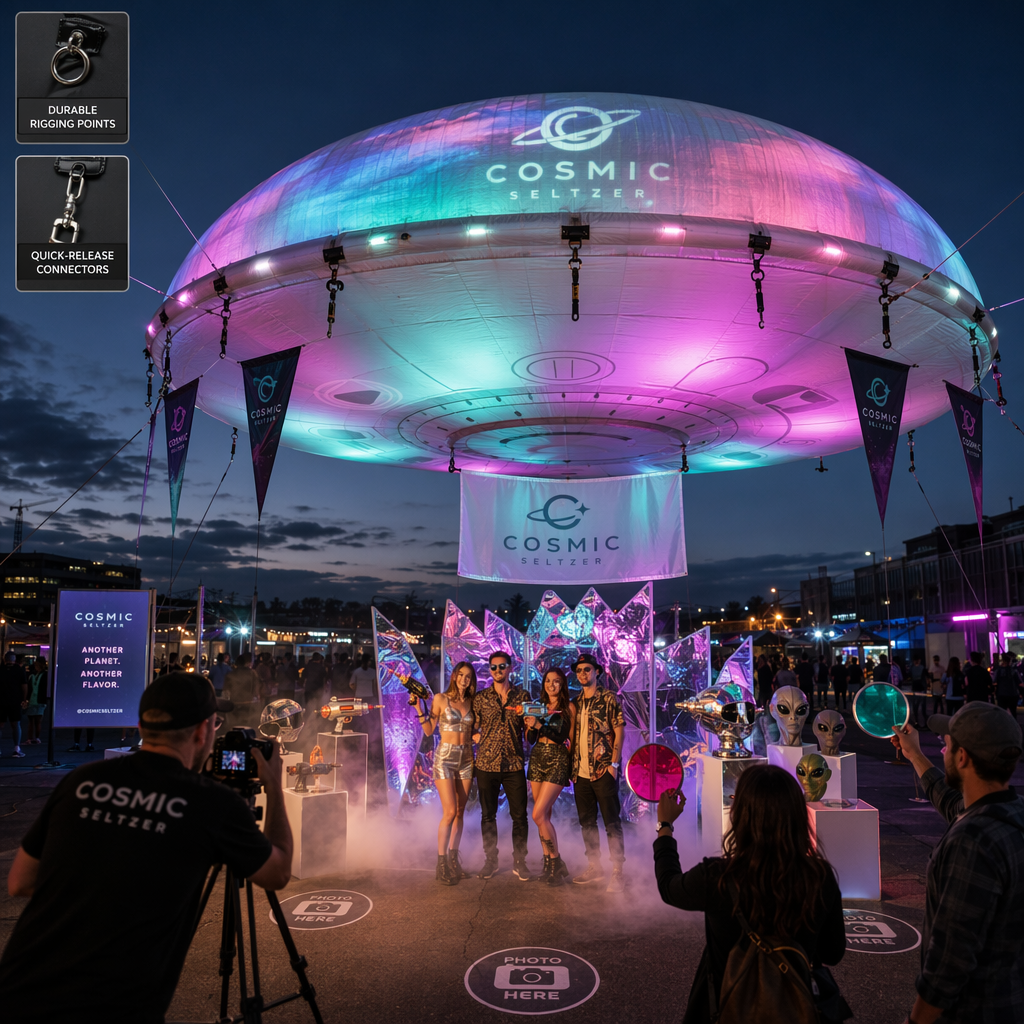 Creative activation ideas: integrating the UFO balloon with lighting, signage and photo moments Creative activation ideas: integrating the UFO balloon with lighting, signage and photo moments