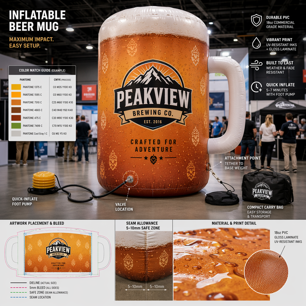 Customization Options and Full-surface Graphics: Inflatable Beer Glass Promotional Mug with Full-surface Custom Print to Showcase Logos and Campaign Art Customization Options and Full-surface Graphics: Inflatable Beer Glass Promotional Mug with Full-surface Custom Print to Showcase Logos and Campaign Art