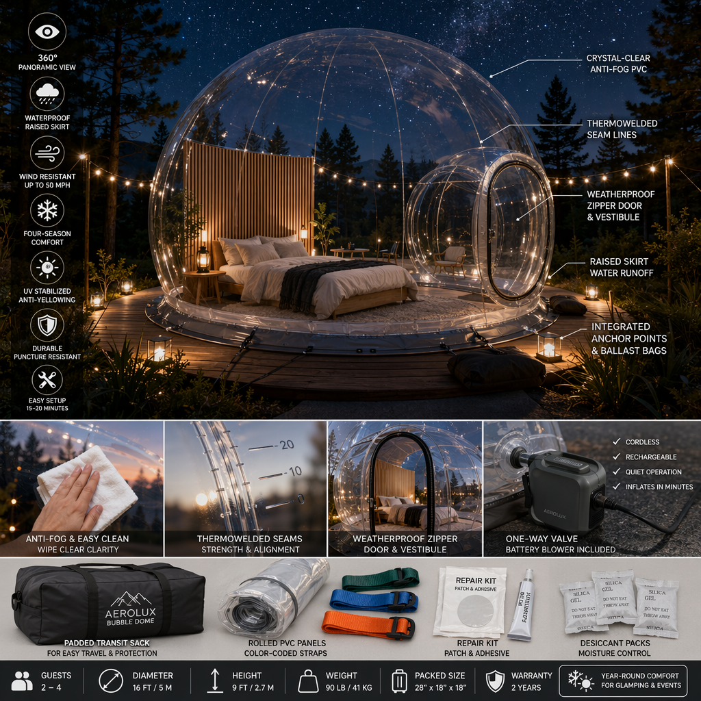 Design Features and Materials: durable waterproof transparent bubble tent for outdoor events and guest stays