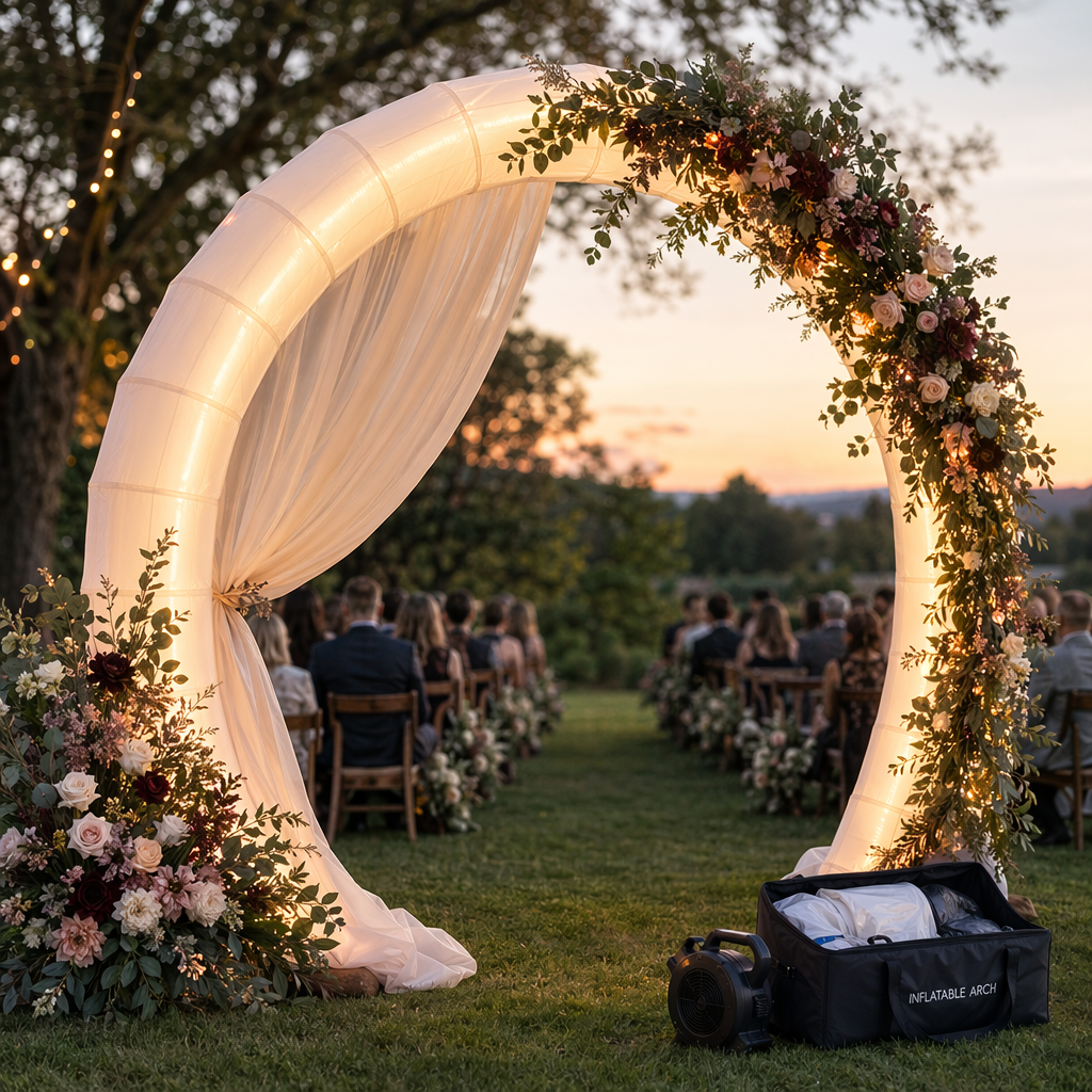 Design Features and Romantic Styling of a led-lit inflatable wedding arch with floral accents for outdoor ceremonies Design Features and Romantic Styling of a led-lit inflatable wedding arch with floral accents for outdoor ceremonies