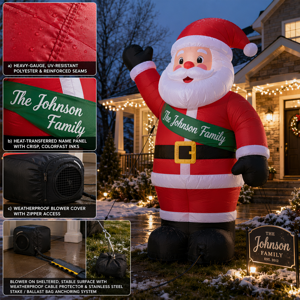 Design Features and Weather-Resistant Construction of a Giant Personalized Inflatable Santa Claus Yard Decoration with Custom Name Design Features and Weather-Resistant Construction of a Giant Personalized Inflatable Santa Claus Yard Decoration with Custom Name