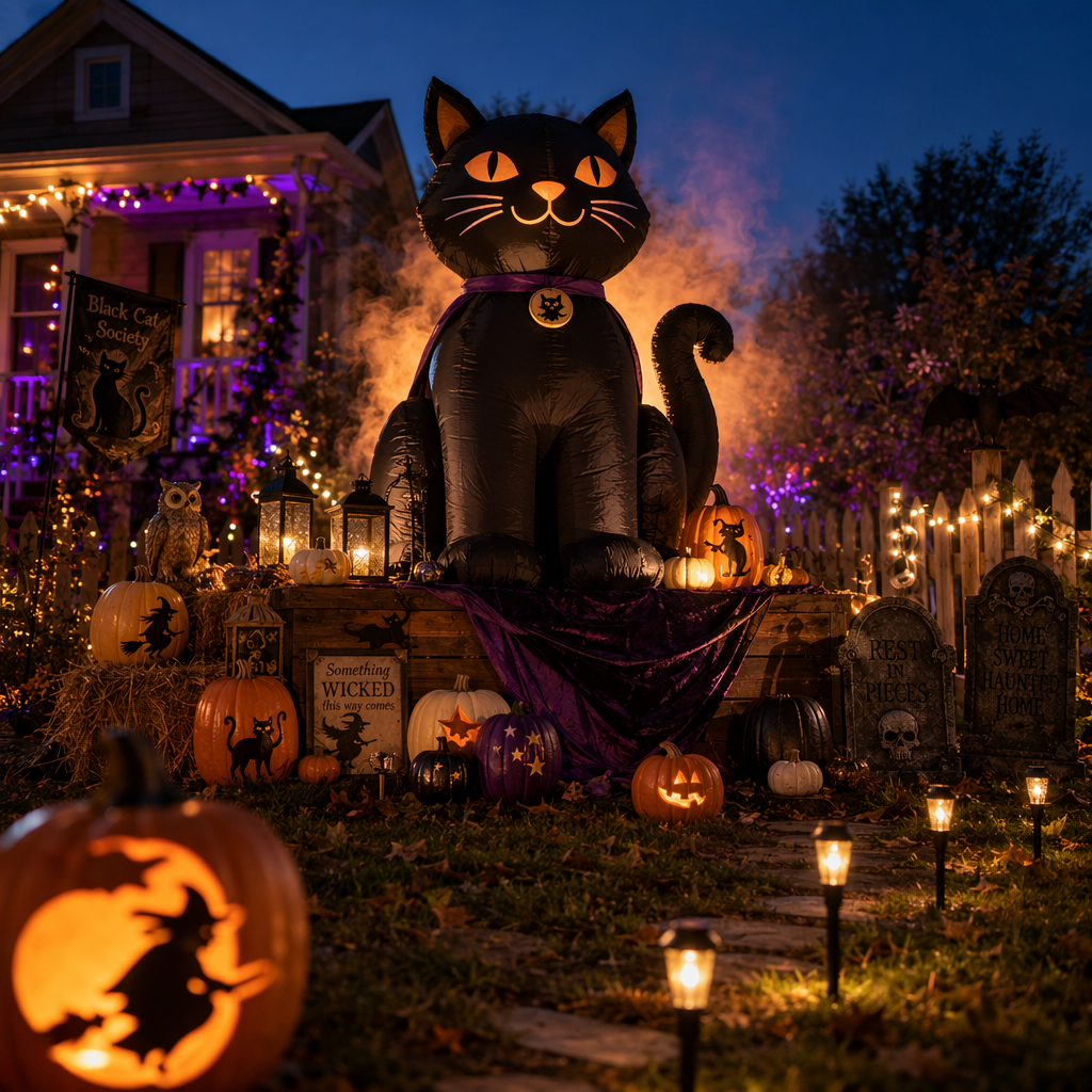 Design Ideas: Pairing the Giant Black Cat with Lights, Pumpkins, and Themed Props to Create a Memorable Focal Point