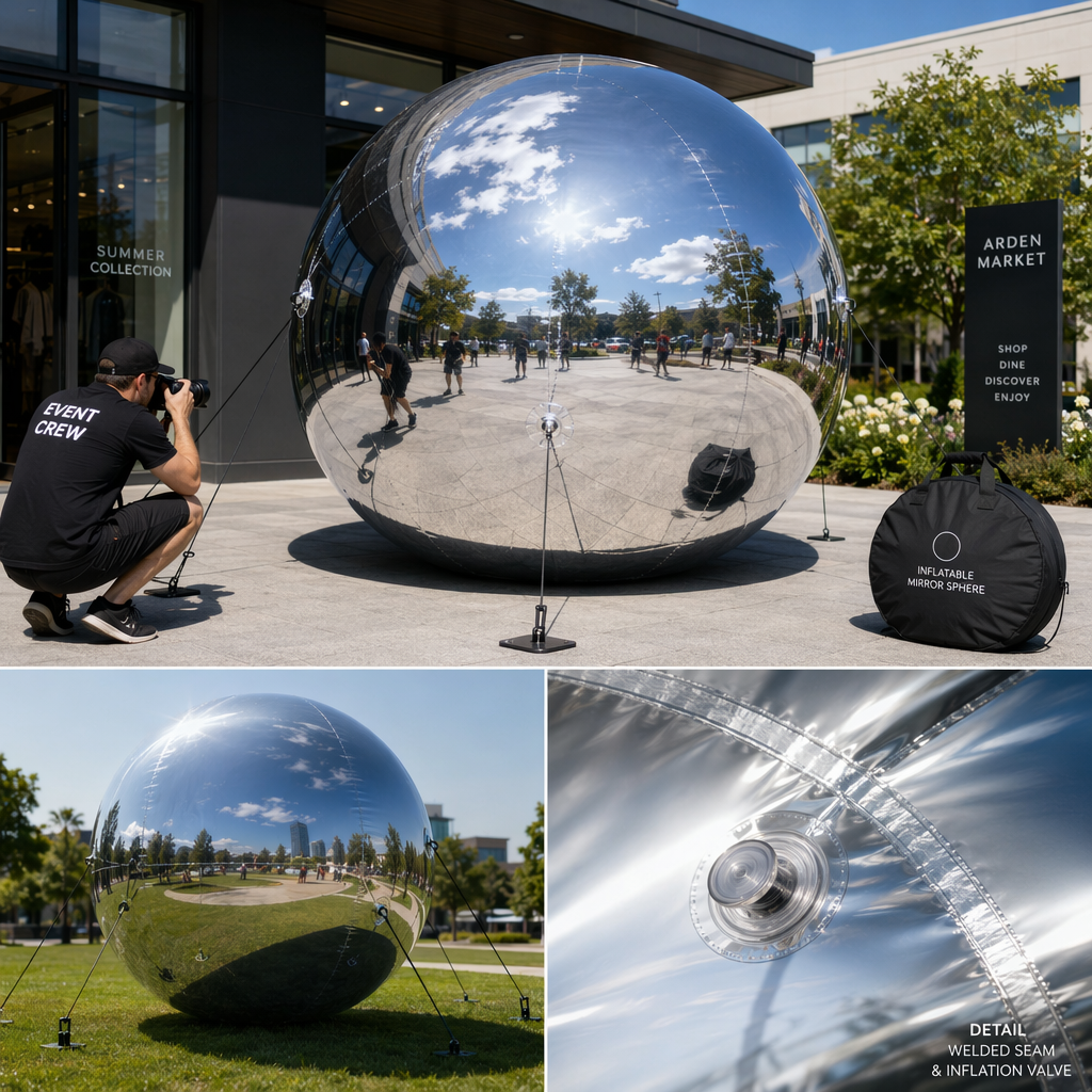 Design, Materials, and Durability of a Durable PVC Inflatable Mirror Sphere for Outdoor Promotional Decor and Photo Backdrops Design, Materials, and Durability of a Durable PVC Inflatable Mirror Sphere for Outdoor Promotional Decor and Photo Backdrops