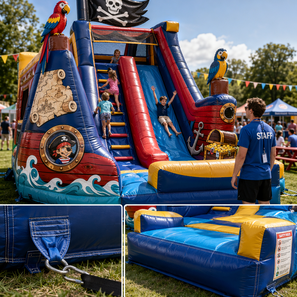 Design and Visual Appeal: Bright Pirate-themed Graphics, High Side Walls, and Engaging Play Elements for Memorable Events Design and Visual Appeal: Bright Pirate-themed Graphics, High Side Walls, and Engaging Play Elements for Memorable Events