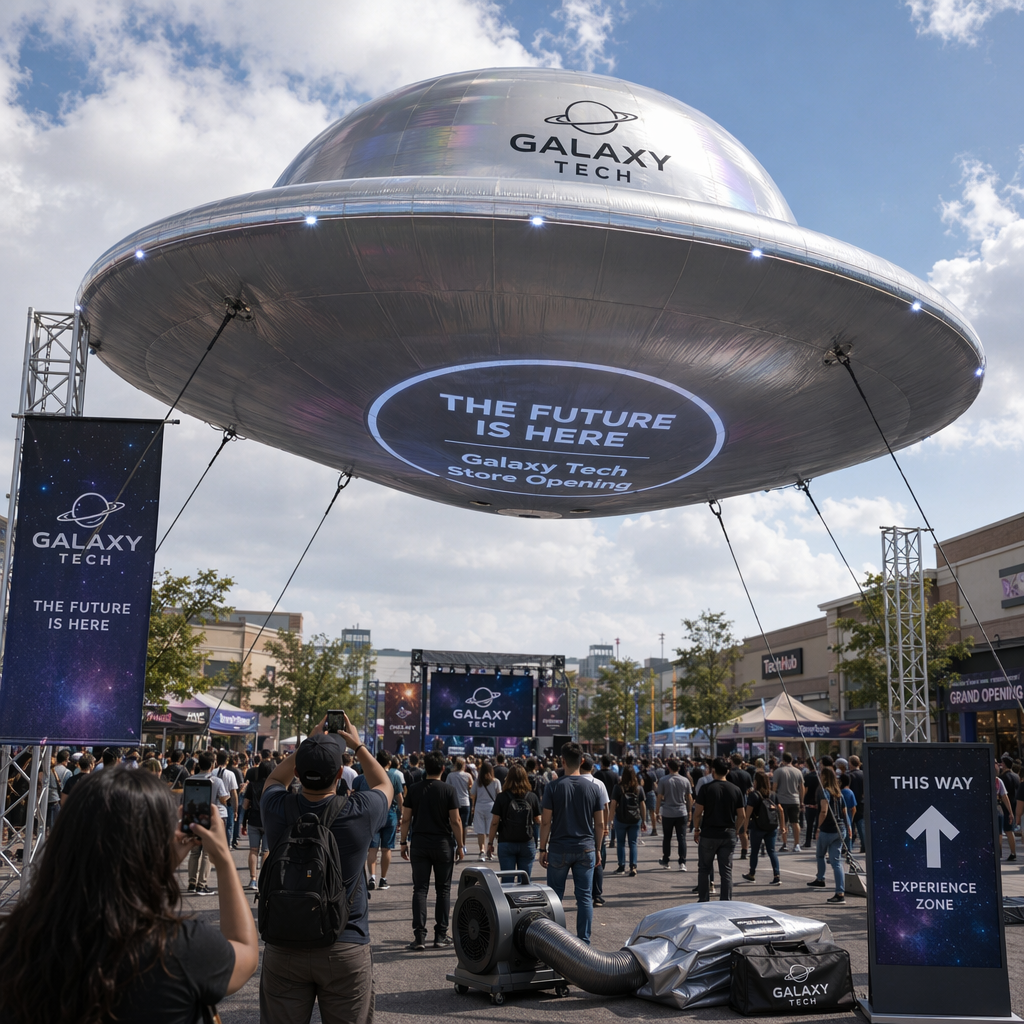 Design, durability and quick setup: features of an oversized inflatable ufo promotional balloon for fairs and crowd attraction Design, durability and quick setup: features of an oversized inflatable ufo promotional balloon for fairs and crowd attraction