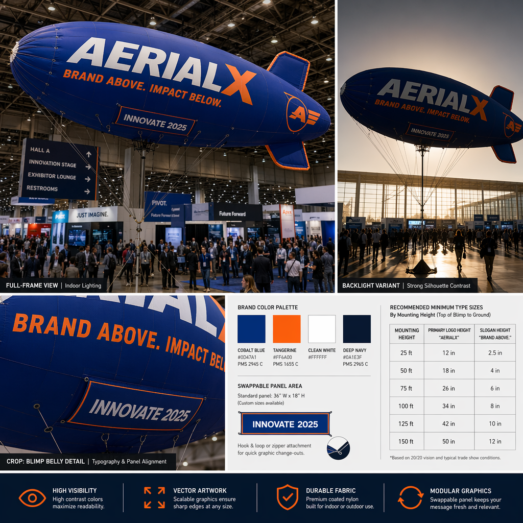 Designing Impactful Messaging and Graphics for a custom printable promotional helium blimp for trade shows and exhibitions Designing Impactful Messaging and Graphics for a custom printable promotional helium blimp for trade shows and exhibitions