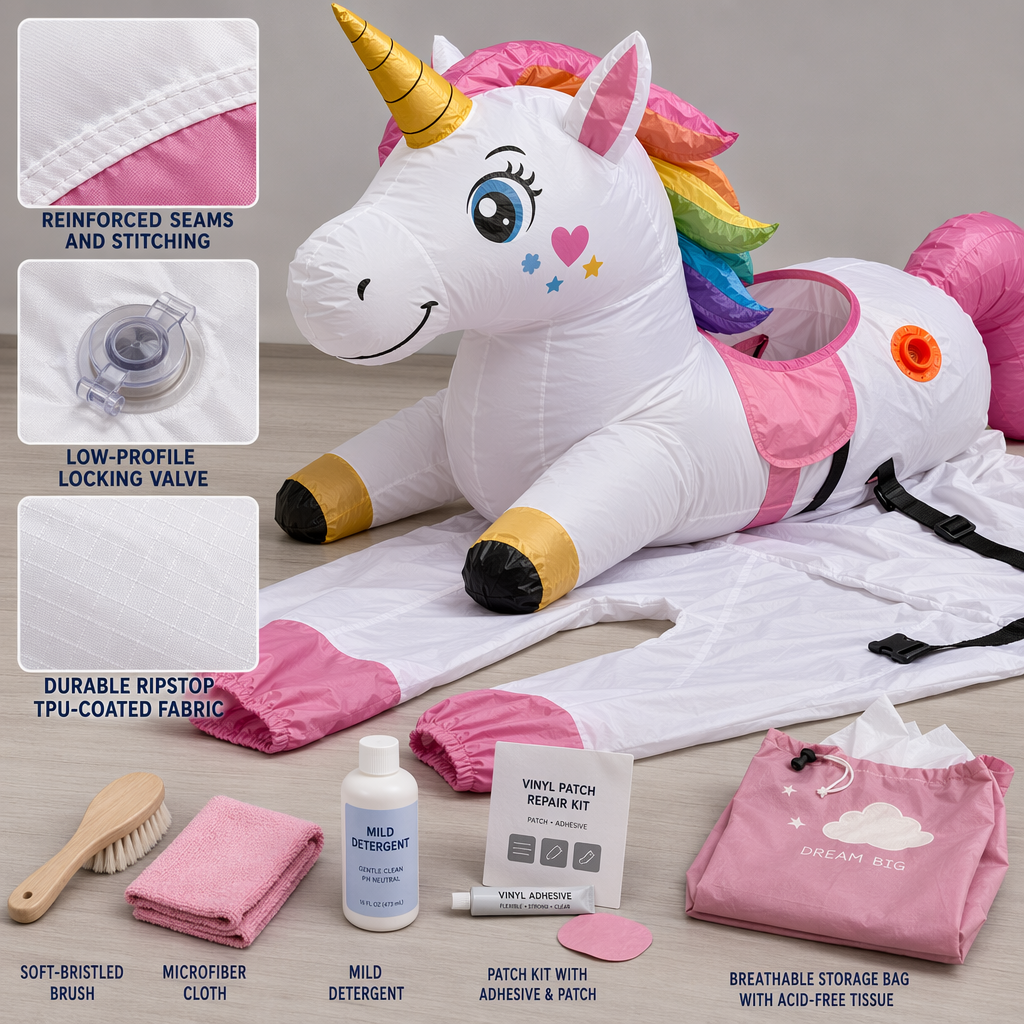 Durability, materials, and cleaning guidance to keep the unicorn costume party-ready Durability, materials, and cleaning guidance to keep the unicorn costume party-ready