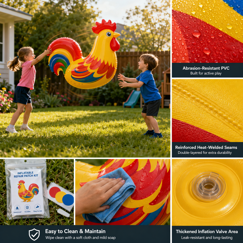 Durable Construction and Impact Resistance: why the sturdy toss-and-bounce inflatable rooster toy for active indoor and outdoor play stands up to rough handling Durable Construction and Impact Resistance: why the sturdy toss-and-bounce inflatable rooster toy for active indoor and outdoor play stands up to rough handling