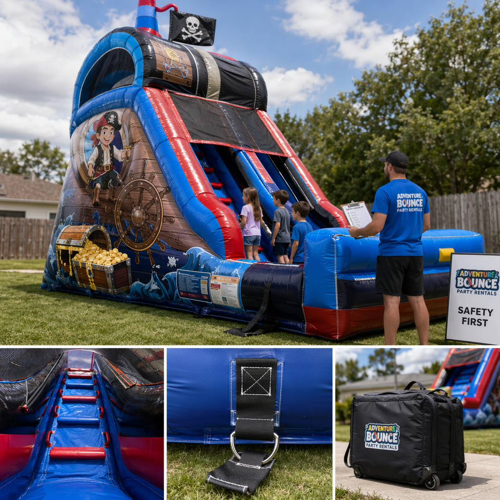 Durable Enclosed Kids Pirate Slide for Door-to-Door Party Rental: Reinforced Construction, Safety Features, and Easy Transport Durable Enclosed Kids Pirate Slide for Door-to-Door Party Rental: Reinforced Construction, Safety Features, and Easy Transport