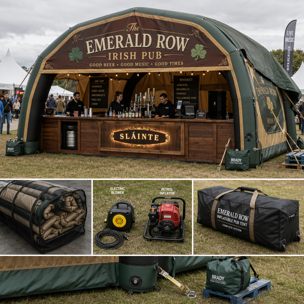 Easy-setup inflatable irish pub tent with advertising display for pop-up events: setup, transport, and weather protection Easy-setup inflatable irish pub tent with advertising display for pop-up events: setup, transport, and weather protection