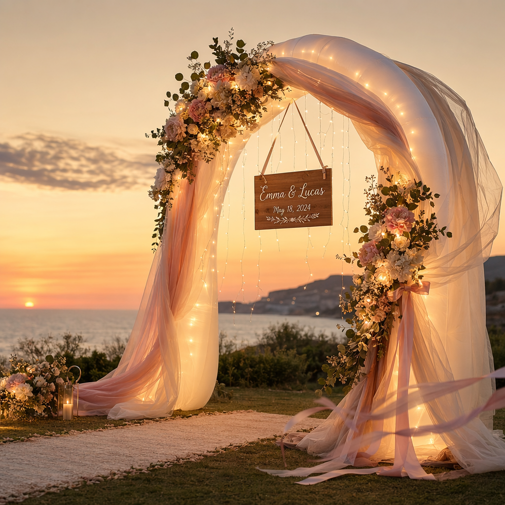 Enhancing the arch with draping, string lights, signage, and floral customization to match any wedding theme Enhancing the arch with draping, string lights, signage, and floral customization to match any wedding theme