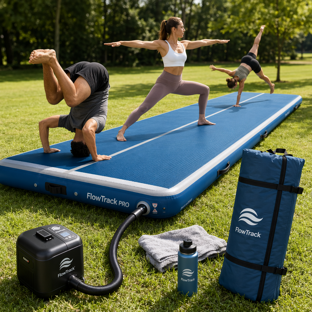 Features and Benefits of a portable air track mat for yoga tumbling lightweight easy inflate deflate