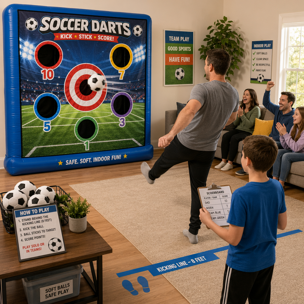 How to play: rules, scoring, and game variations for portable kickable soccer darts board that sticks to ball for indoor play How to play: rules, scoring, and game variations for portable kickable soccer darts board that sticks to ball for indoor play