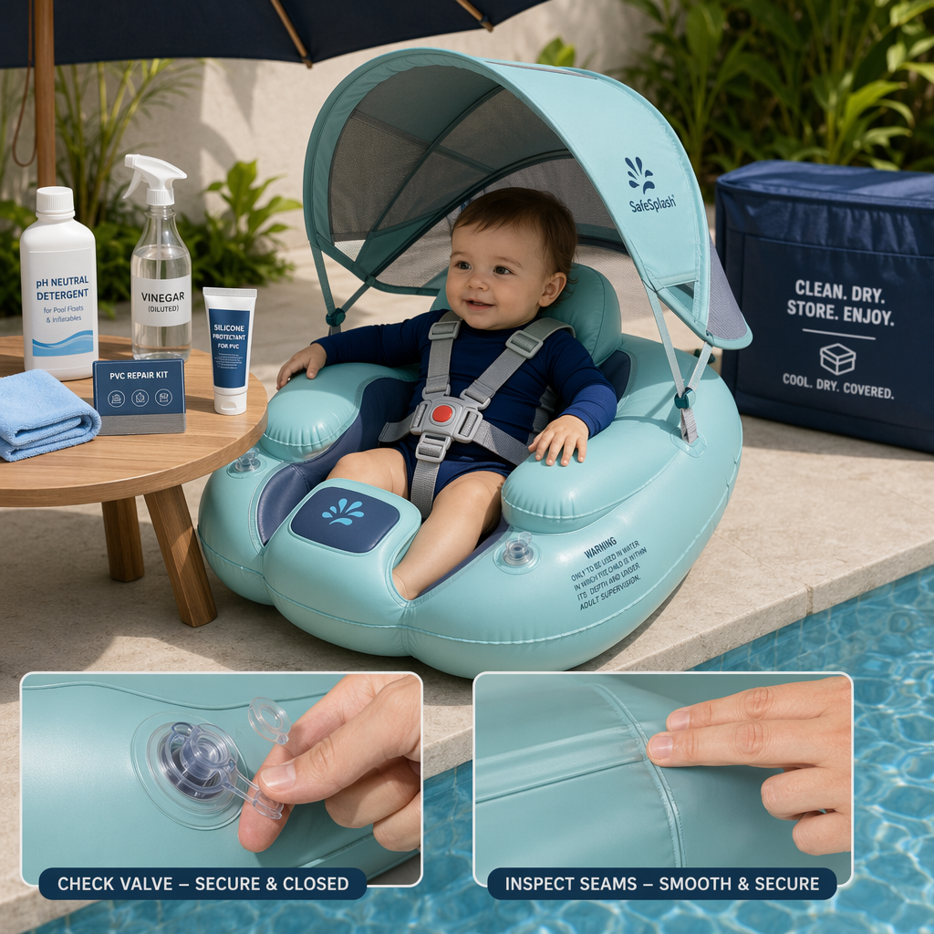 How to properly inflate, adjust, and maintain a toddler pool float seat with sunshade for longevity