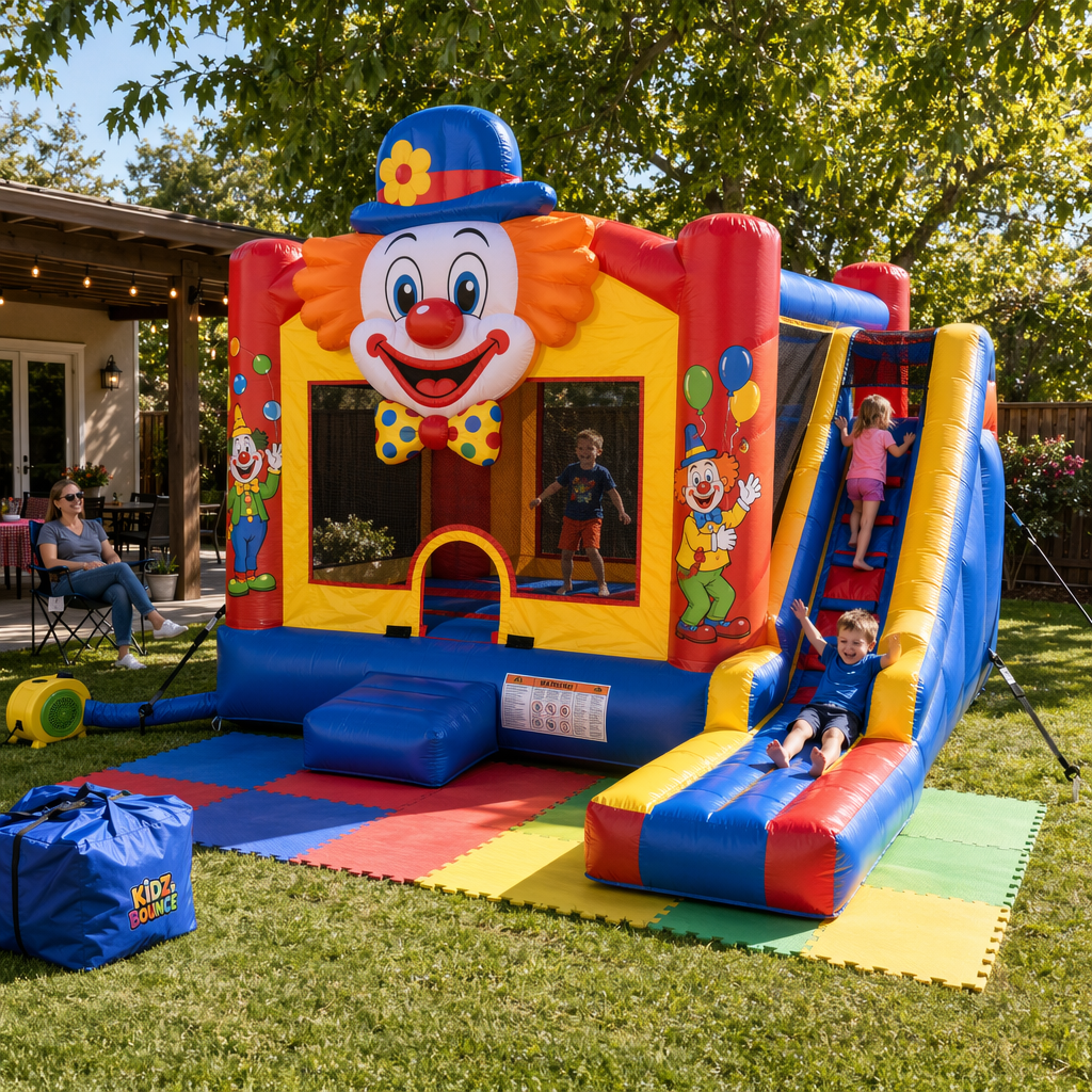 Inflatable clown-themed bounce house with attached slide for backyard parties: design, features, and party-ready layout Inflatable clown-themed bounce house with attached slide for backyard parties: design, features, and party-ready layout