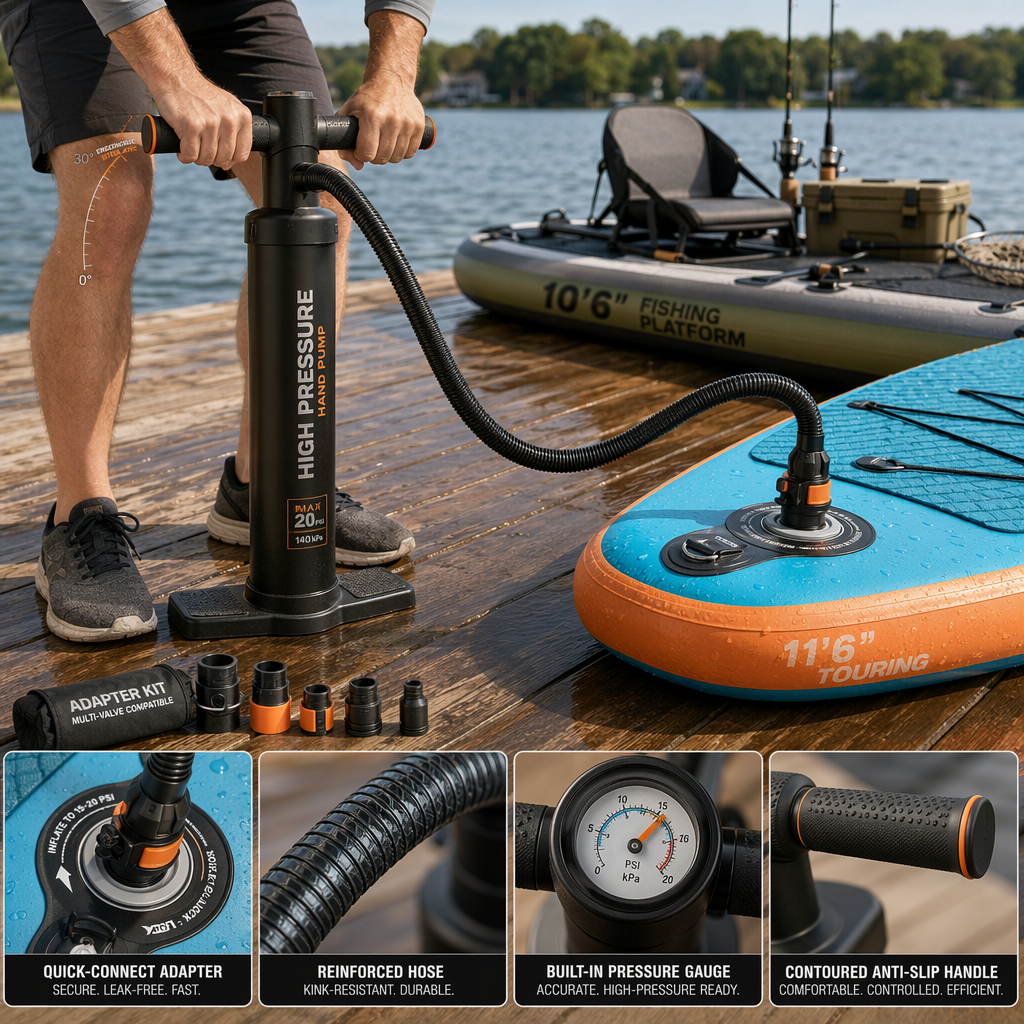 Portable dock-ready pump features: hose design, stable base, and ergonomic handle for efficient inflation of SUPs, surfboards and fishing boats