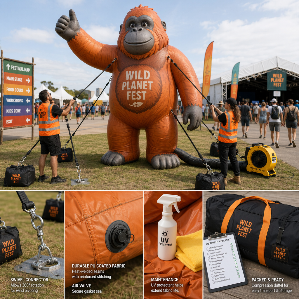 Portable giant orangutan inflatable mascot for festivals parties and promotional displays: setup, inflation systems, anchoring options, and transport Portable giant orangutan inflatable mascot for festivals parties and promotional displays: setup, inflation systems, anchoring options, and transport