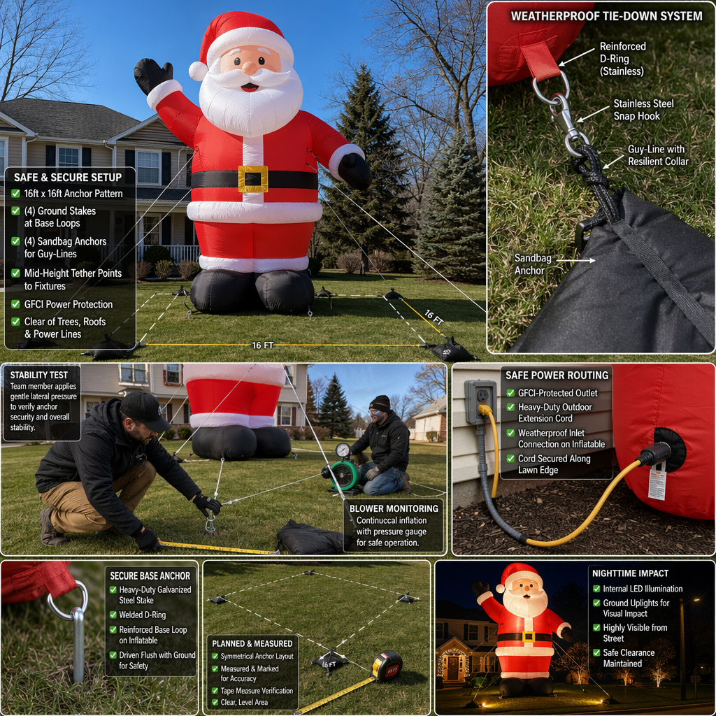Quick-Setup and Secure Anchoring Tips for an oversized inflatable santa claus for front yard holiday display