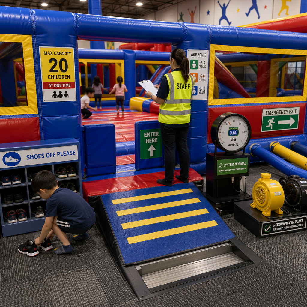 Safety-Driven Design Features: Enclosed Walls, Non-Slip Entrances, Certified Air Blowers, and Supervision Guidelines Safety-Driven Design Features: Enclosed Walls, Non-Slip Entrances, Certified Air Blowers, and Supervision Guidelines