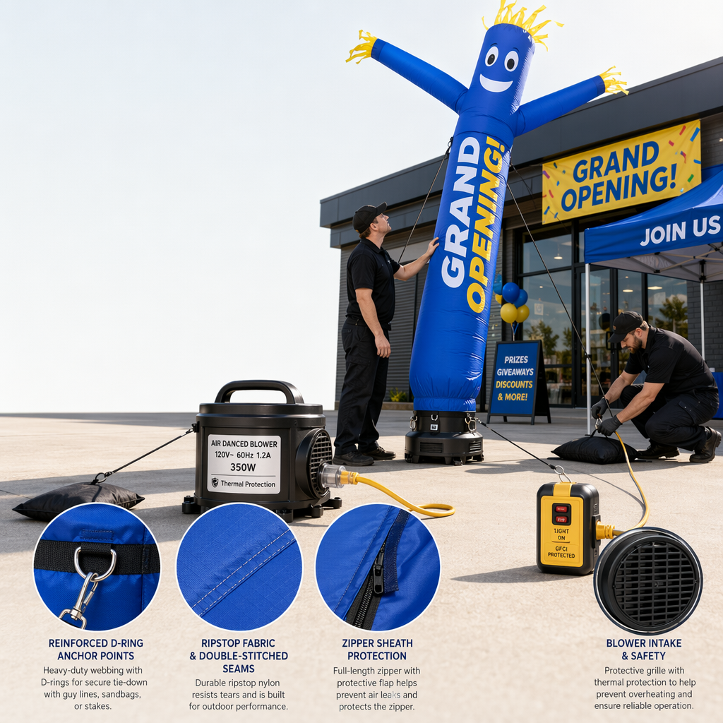 Technical Overview: included blower specs, power requirements, and easy setup for a portable inflatable air dancer with included blower for continuous movement and easy setup Technical Overview: included blower specs, power requirements, and easy setup for a portable inflatable air dancer with included blower for continuous movement and easy setup